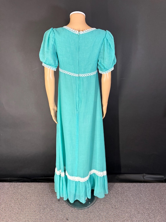 1960s Turquoise Maxi Dress, White Lace Trim, Sheer Sleeves (Bust 36")