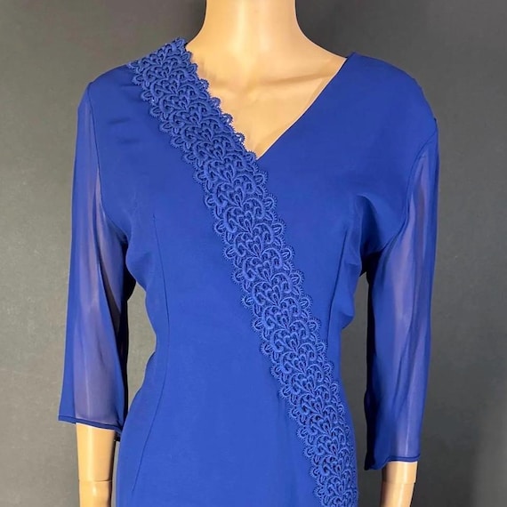 1950s Cobalt Blue Chiffon Cocktail Dress, Broderie Anglaise Detail ( Bust 42" )