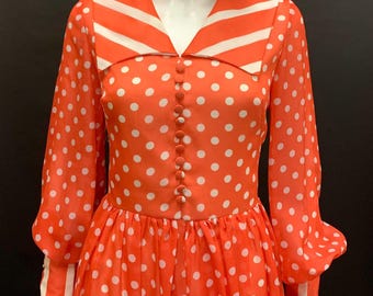 1970s Polka Dot Maxi Dress, Orange Cotton Blend, Size 38 1970s Polka Dot Maxi Dress, Orange Cotton Blend, Size 38