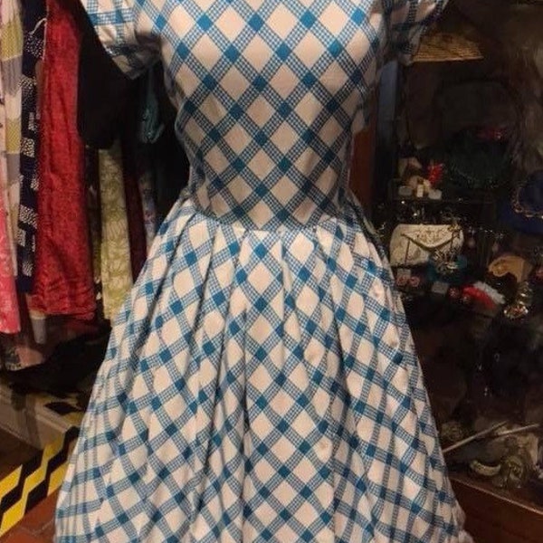 Vintage 1950s Blue Floral Print Bow Shoulder Dress by Minx Modes | XS/S