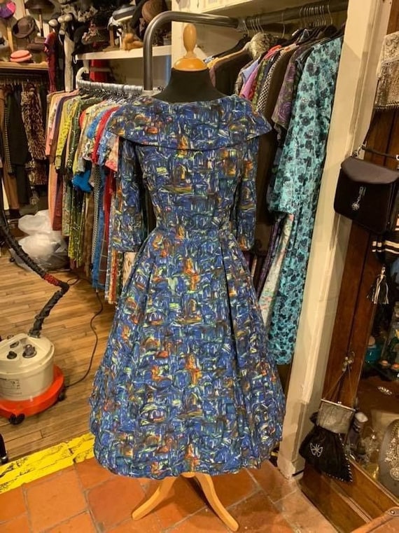 Gorgeous 1950s abstract novelty print cotton day d