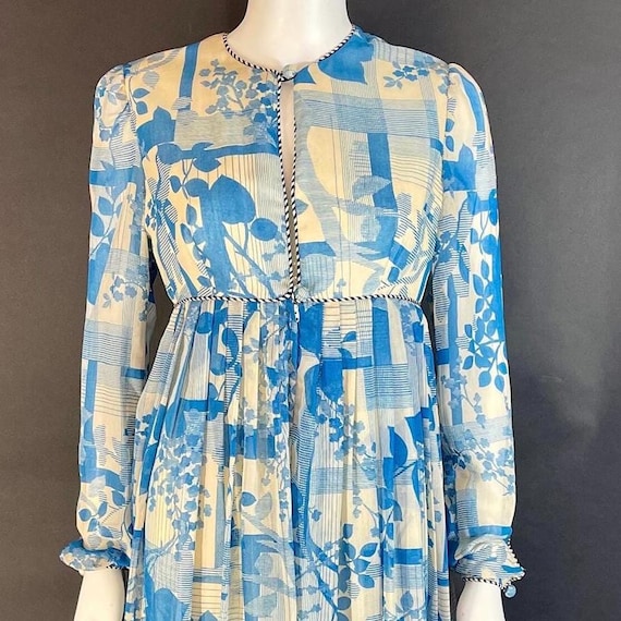 1960s Jean Varon Maxi Dress: Blue Floral Geometric Print (38" Bust )