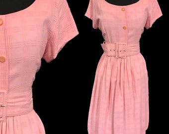 Gorgeous 1950’s floppy pink cotton summer full skirt day dress