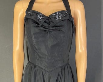 1940s Taffeta Evening Gown by Hussey, Halterneck Sequin Detail ( bust 34”)