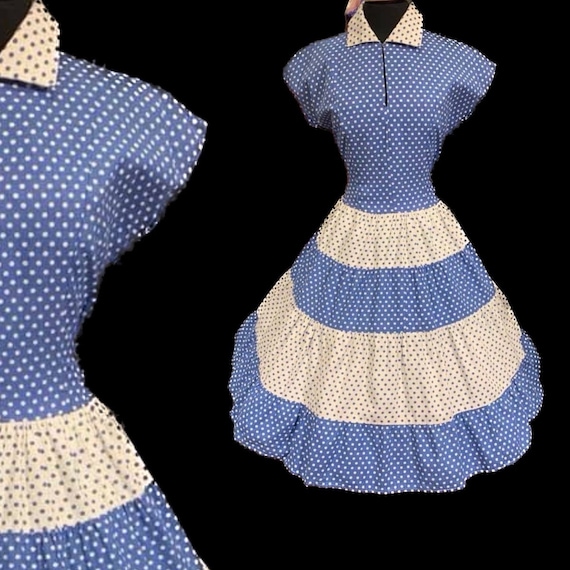 Super cute dotty 1950’s "Cynthia" cotton blue/whi… - image 1