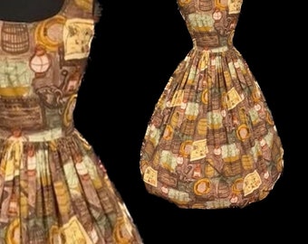 Stunning 1950’s novelty print cotton summer full skirt day dress