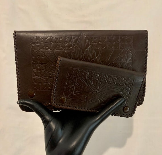 30’s tooled leather bag and purse