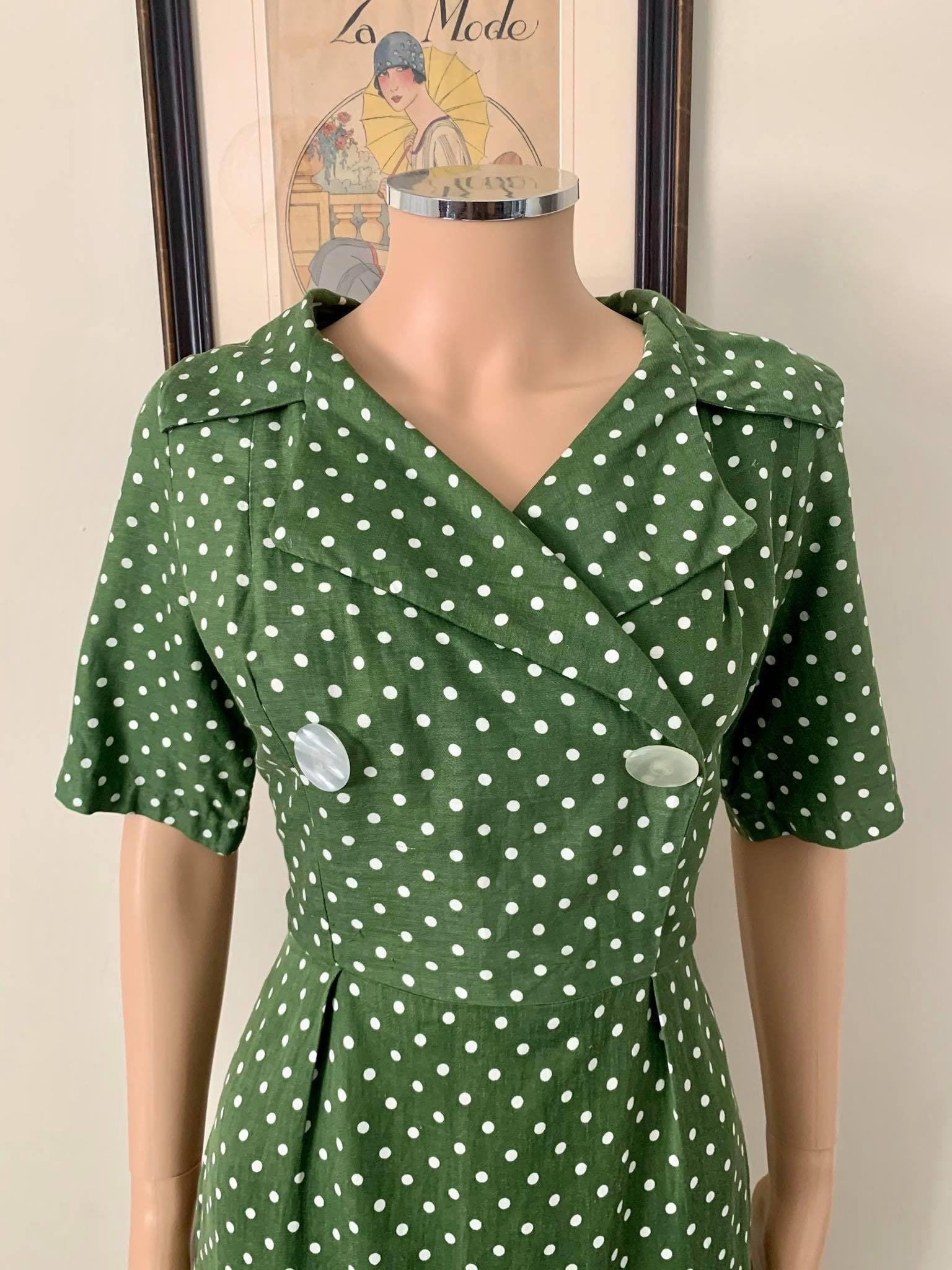 1950s Polished Cotton Green Polka Dot Wiggle Dress (34" bust) 1950s Polished Cotton Green Polka Dot Wiggle Dress (34" bust)