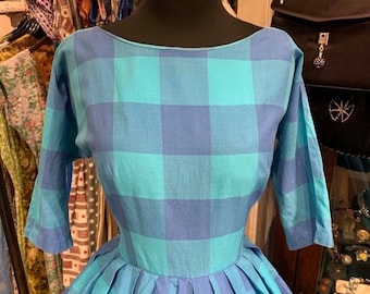 Vestido de día de algodón a cuadros azules, busto de 36 pulgadas,
