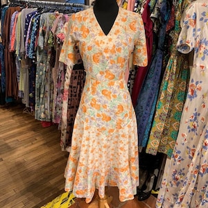 Vintage 1970s Floral Cotton Day Dress - 1930s Style