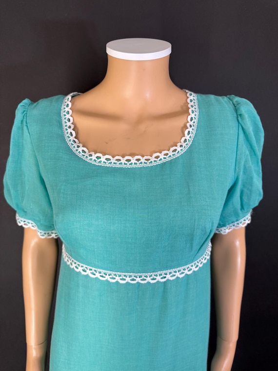1960s Turquoise Maxi Dress, White Lace Trim, Sheer Sleeves (Bust 36")