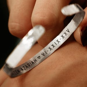 Hammered Silver Bangle Cuff Bracelet: Personalized Engraving