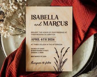 Save the Date Wooden Floral Cards, Wedding Invitations, Rustic Wedding Decor, Laser Engraved Event Stationary, Bulk Wedding Invitation Set