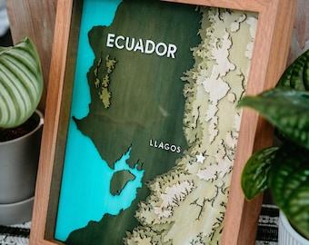 Mapa topológico de madera 3D cortado con láser personalizado de cualquier lugar o ciudad del mundo
