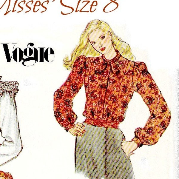 80s VOGUE Blouse Sewing Pattern  -  1982 Vogue 8066,  Size 8  - Four Views, Princess Seams, Long-Sleeved - Preppy, Modest - Cut, Gently Used