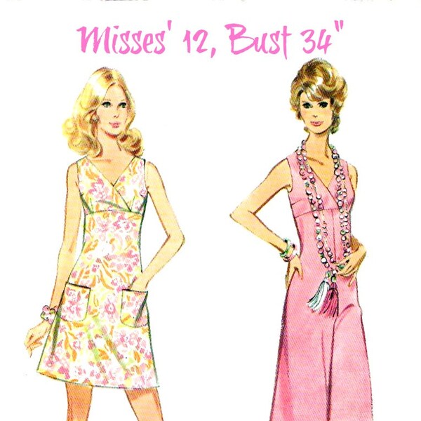 70s DRESS or JUMPSUIT Easy Step-by-Step Sewing Pattern - 1970 McCalls 2442, Size 12, Bust 34", Groovy Mod Style, Sleeveless- Gently Used