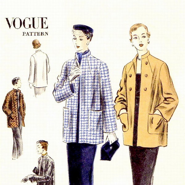 50s UNCUT UNPRINTED VOGUE Box Coat Sewing Pattern - 1950 Vogue 7224 Size 16 - Band Collar, Patch Pockets