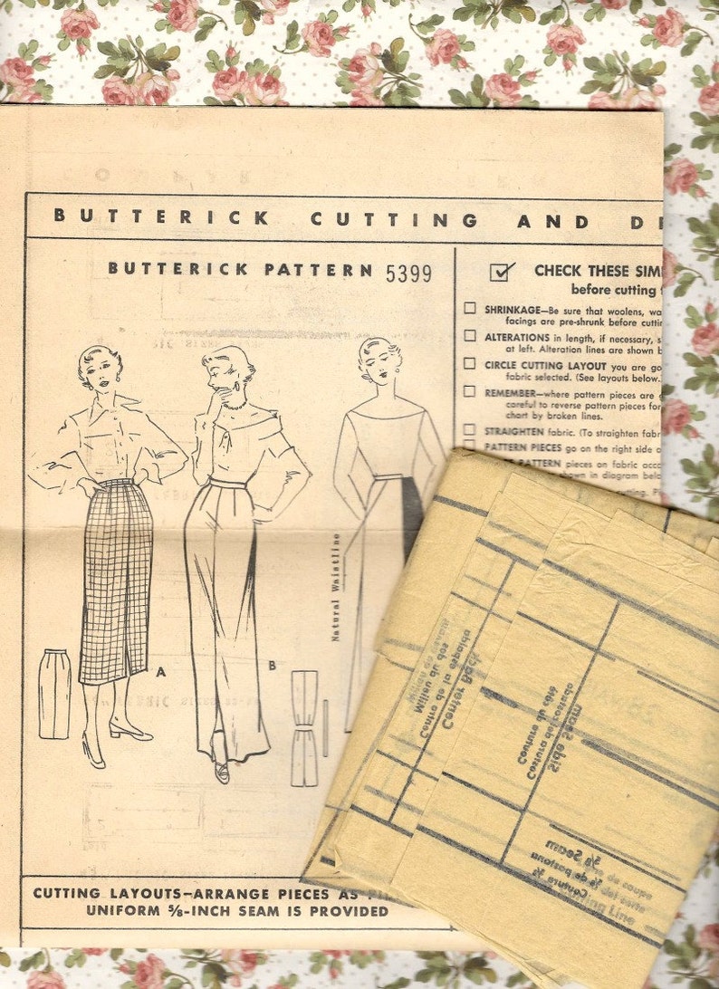 Front Vent 50s VINTAGE SLIM SKIRT Sewing Pattern Gently Used Easy Butterick 5399 Back Zip Size 16 Waist 28 Hip 37-2 Lengths