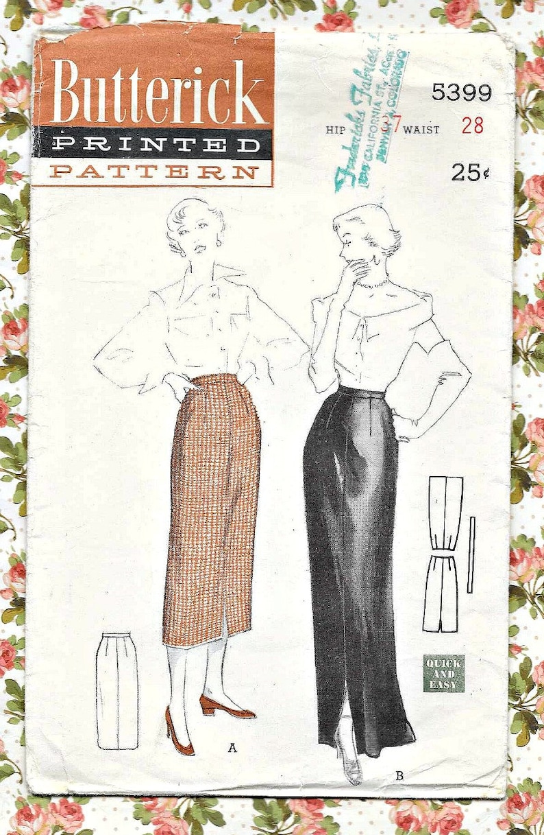 Front Vent 50s VINTAGE SLIM SKIRT Sewing Pattern Gently Used Easy Butterick 5399 Back Zip Size 16 Waist 28 Hip 37-2 Lengths