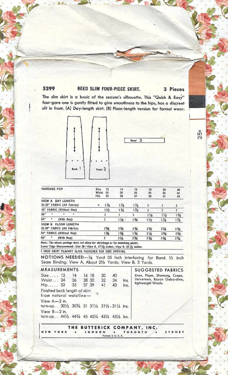 Front Vent 50s VINTAGE SLIM SKIRT Sewing Pattern Gently Used Easy Butterick 5399 Back Zip Size 16 Waist 28 Hip 37-2 Lengths