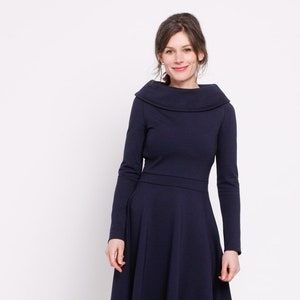 Vestido Lucky in Love en azul oscuro, vestido con falda circular estilo años 50, vestido de novia de invierno, vestido rockabilly, vestido para ceremonia civil