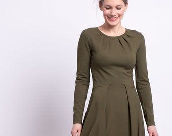 Dearest Darling dress with pleats in olive, festive dress in vintage style, swinging dress with wide skirt