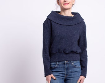 kurzer Pullover mit großem Kragen aus meliertem Baumwolljaquard