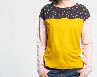 buntes weites Langarmshirt Oh la la, Punkte in senfgelb, rosa und dunkelblau