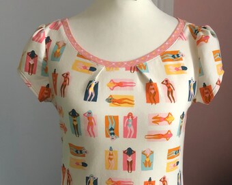 Sweet summer shirt with puffed sleeves and beach babes in pink, vanilla and orange, cotton shirt Anni