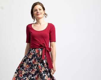 Rosie dress with tie bow in wine red and floral circle skirt