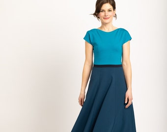 Backless midi dress made of thicker romanite jersey in turquoise and petrol