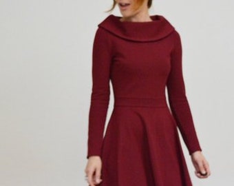 Dress LUCKY IN LOVE in burgundy with collar and circle skirt, winter wedding dress, vintage style 50s, registry office dress