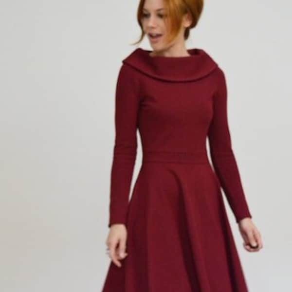 Kleid LUCKY IN LOVE in bordeaux mit Kragen und Tellerrock, Brautkleid Winter, Vintage Stil 50er Jahre, Standesamtkleid