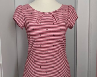 Shirt Anni with stripes and anchors, maritime summer top with stripes in red, striped shirt with small puffed sleeves