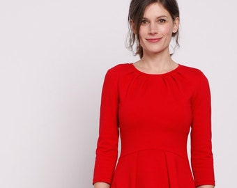 Dearest Darling red Christmas dress with radiating pleats at the neck and full skirt