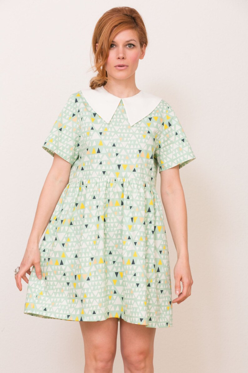 Mini dress in mod style, babydoll dress with bubik collar, smock dress in mint with triangles image 2