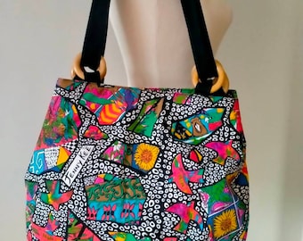 Vintage 90s Jenny Lee Fabric Bold Bright Hippie Boho Handbag / Tribal Retro Print Flower Bag Large Bright Shopper Ethnic Tote Bag Sunflower