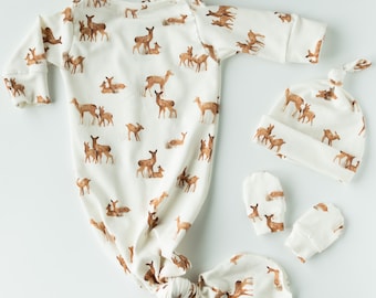 Deer Fawn Newborn Knotted Gown Set: Organic Cotton Baby Outfit