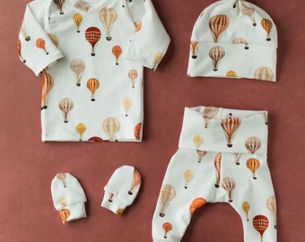 Hot Air Balloon Baby Outfit Set Pants Shirt Hat Mittens Gender Neutral Baby Gift Hospital Coming Home Baby Shower Gift Preemie Baby Outfit