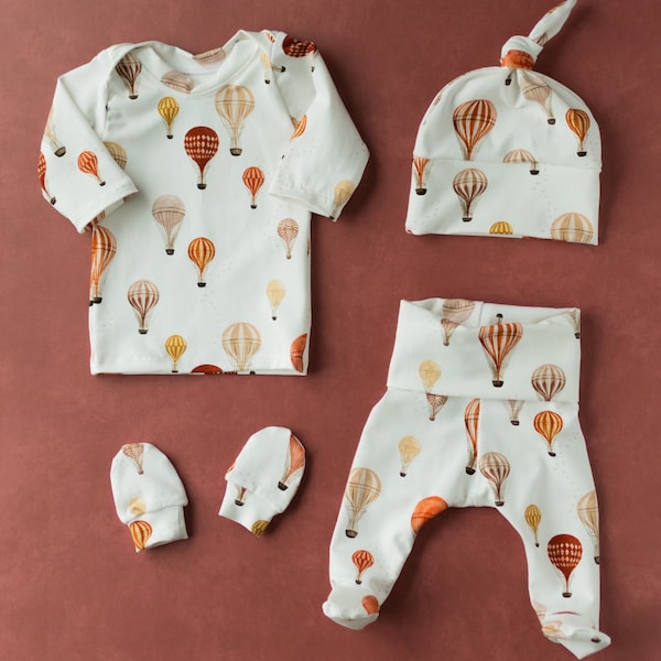 Heißluftballon Baby Outfit Set Hose Shirt Mütze Fäustlinge Geschlechtsneutrales Baby Geschenk Krankenhaus Coming Home Baby Shower Geschenk Frühchen Baby Outfit