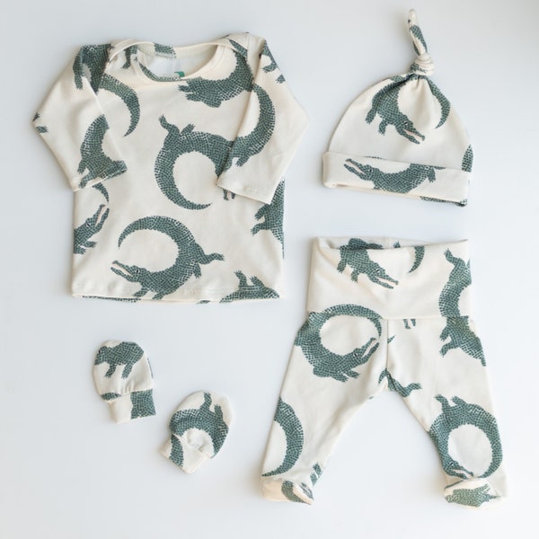 Crocodile Baby Outfit Set Pants Shirt Hat Mittens Gender Neutral New Baby Gift Set Hospital Outfit Coming Home Alligator Baby Shower Gift