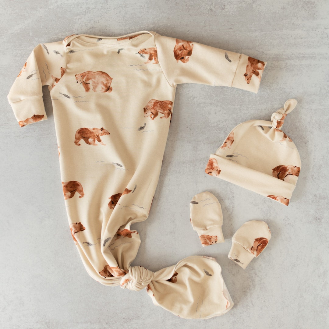 Newborn Baby Blended Dress In Bear Print Brown Color main image 1