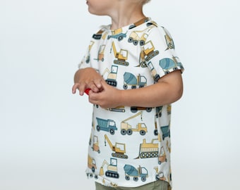 Construction Kids T-shirt Printed Boy Clothing Yellow Digger Shirt Organic Scandinvian Top Baby Toddler Matching Long Length T-shirt