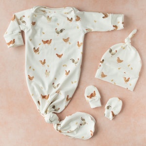 Chicken Baby Outfit, Newborn Knotted Gown Set, organic kids clothes, boy girl gender neutral shower take home gift farm nursery nature bird