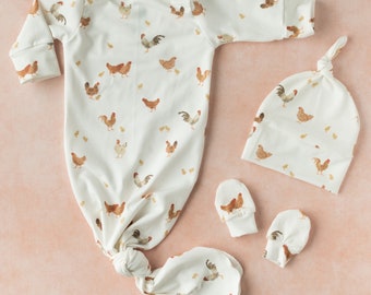 Chicken Baby Gown Set: Organic Newborn Knotted Outfit