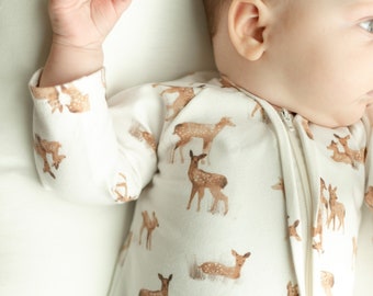 Deer Print Organic Cotton Baby Zip Romper: Neutral Fawn Outfit