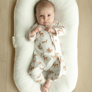 Deer Print Organic Cotton Baby Zip Romper: Neutral Fawn Outfit