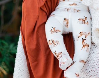 Deer Print Baby Footie Pants: Handmade Organic Cotton Blend