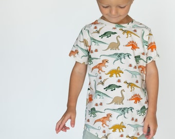 Dinosaur Kids T-shirt Printed Boy Clothing Colorful Dino Shirt Organic Scandinvian Top Baby Toddler Matching Long Length T-shirt