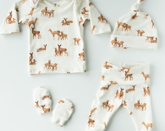 Deer Baby Outfit Set Pants Shirt Hat Mittens Gender Neutral Baby Gift Set Hospital Coming Home Set Fawn Baby Shower Gift Preemie Baby Outfit